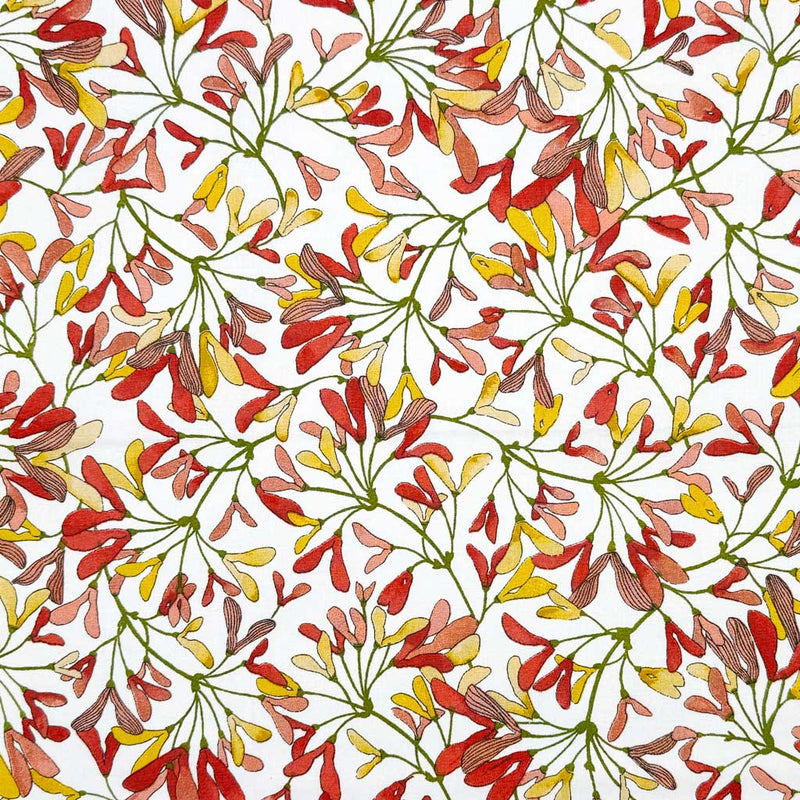 Mini leaves in autumnal shades of red, pink and yellow, printed on an 100% cotton fabric