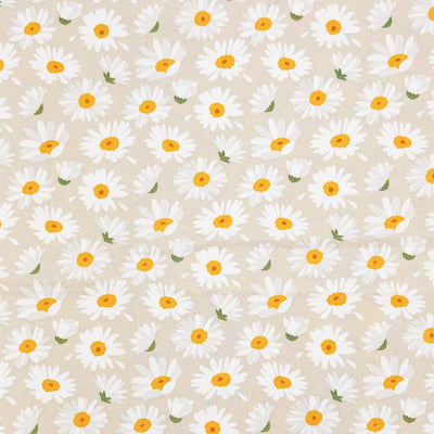 A simple design of falling daisies, printed on a beige 100% cotton fabric
