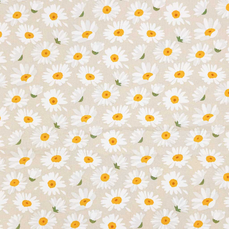 A simple design of falling daisies, printed on a beige 100% cotton fabric
