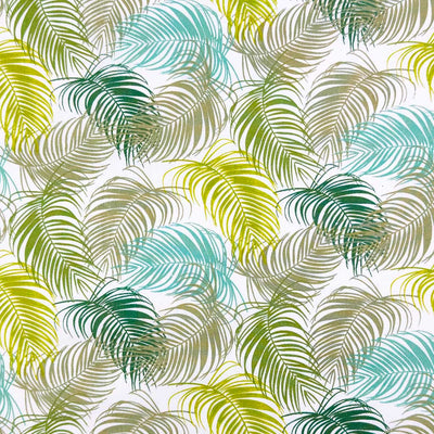 A floral design of intricate fan leaves in complimentary shades of green and blue