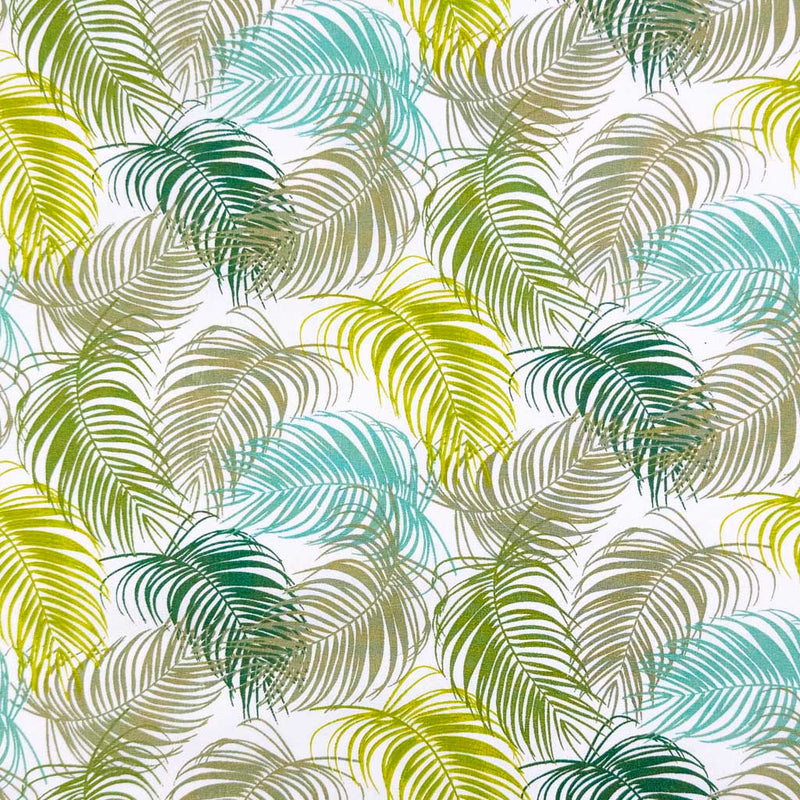 A floral design of intricate fan leaves in complimentary shades of green and blue