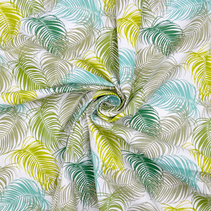 A floral design of intricate fan leaves in complimentary shades of green and blue
