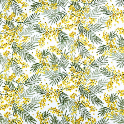 A detailed design of yellow wildflowers and delicate leaves; printed on a 100% cotton fabric
