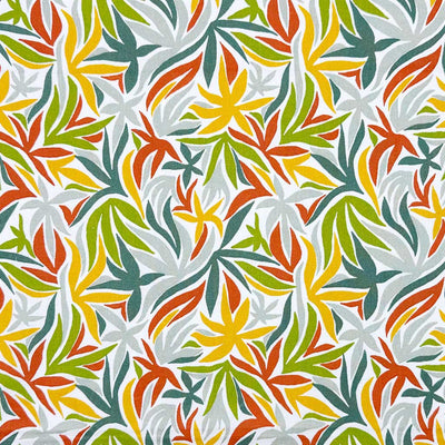 Multicoloured leaves on a contrasting white background; printed on a 100% cotton fabric
