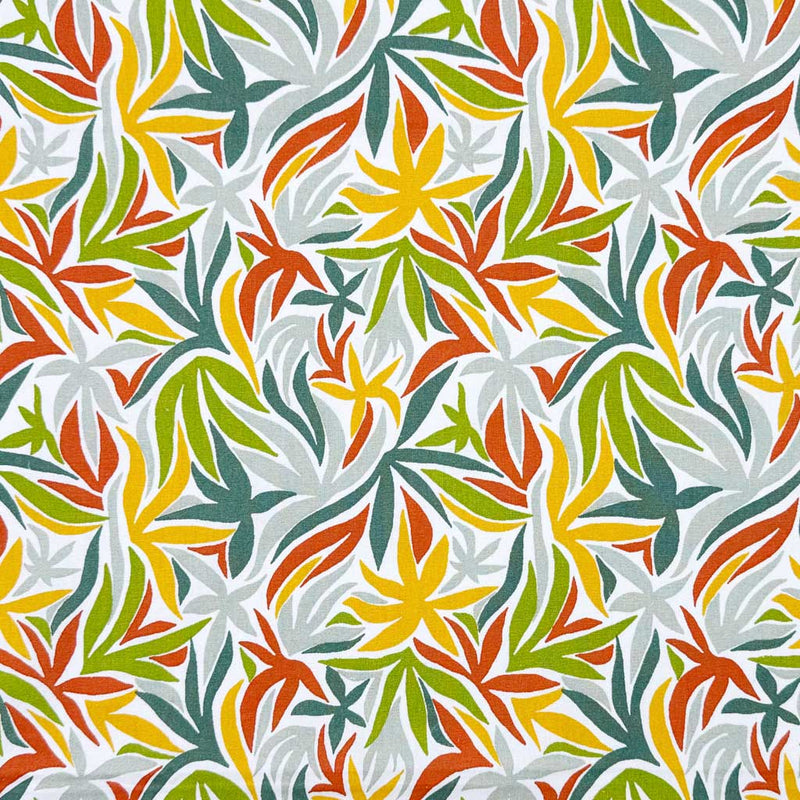 Multicoloured leaves on a contrasting white background; printed on a 100% cotton fabric