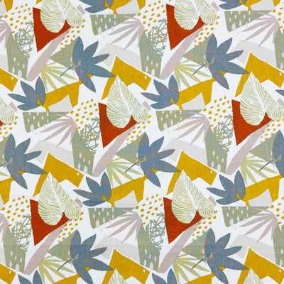 A bright, abstract design of leaves in bold red, blue and yellow on a contrasting background of greys; printed on a 100% cotton fabric