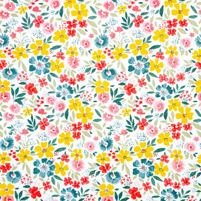 A beautiful and colourful display of wild flowers in yellow, blue and pink printed on a 100% cotton fabric