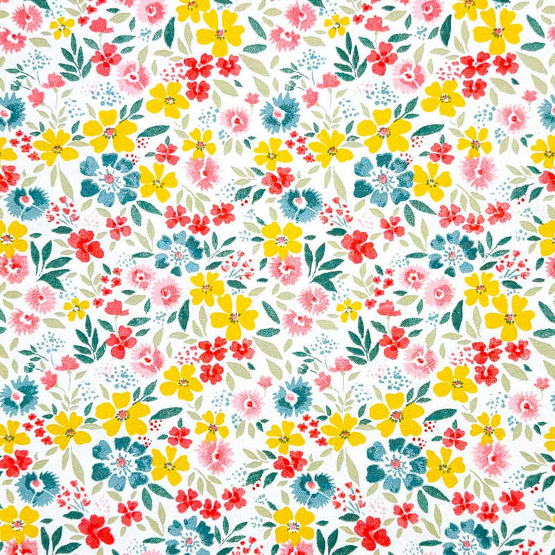 A beautiful and colourful display of wild flowers in yellow, blue and pink printed on a 100% cotton fabric