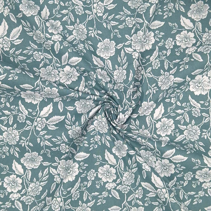 Roses, printed on a rich blue 100% cotton fabric