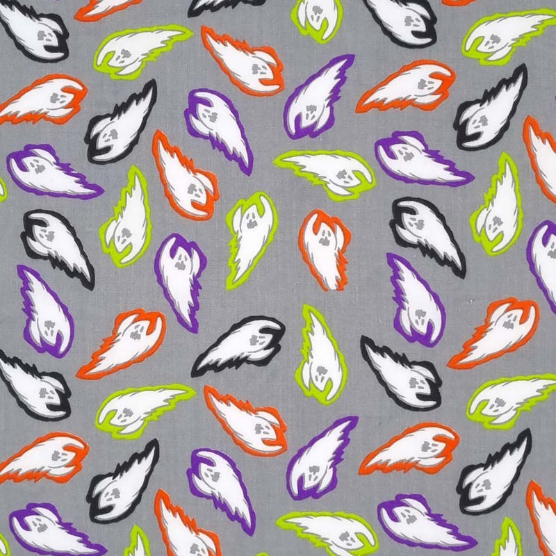 Vibrantly colourful flying ghosts are printed on a grey background
