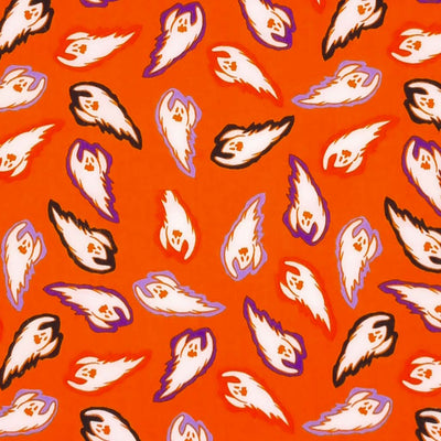 Vibrantly coloured flying ghosts are printed on an orange background 