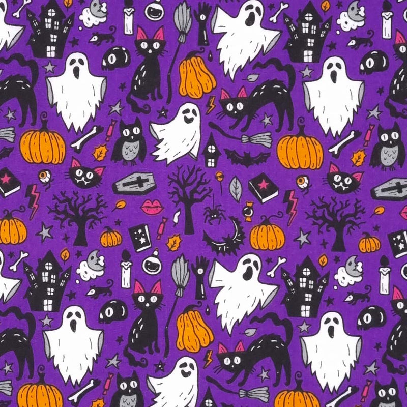 Ghosts, cats and pumpkins are printed on a purple Halloween polycotton fabric
