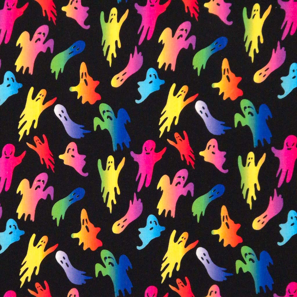 Neon coloured ghosts are printed on a black cotton jersey fabric