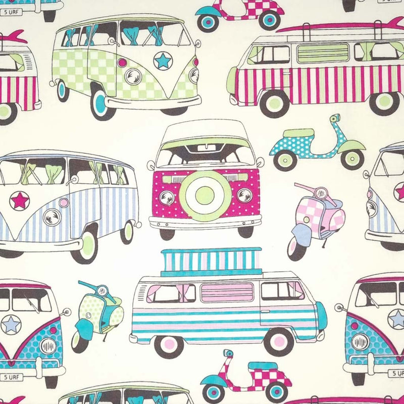 Brightly coloured campervans and scooters printed on a cream cotton fabric