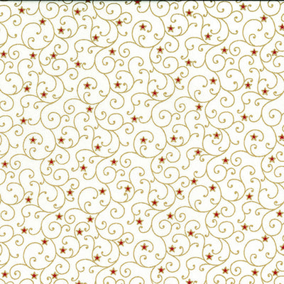 Gold swirls and mini red stars printed on a cream cotton fabric