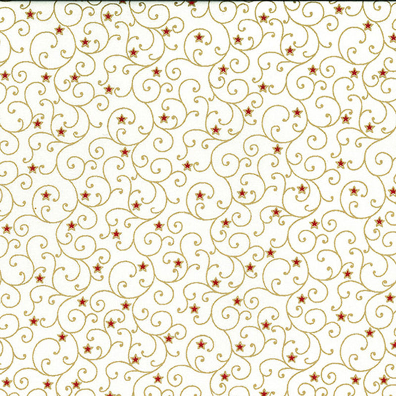 Gold swirls and mini red stars printed on a cream cotton fabric