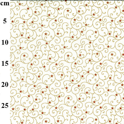 Gold swirls and mini red stars printed on a cream cotton fabric with a cm ruler