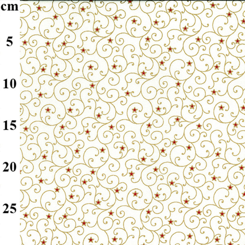 Gold swirls and mini red stars printed on a cream cotton fabric with a cm ruler