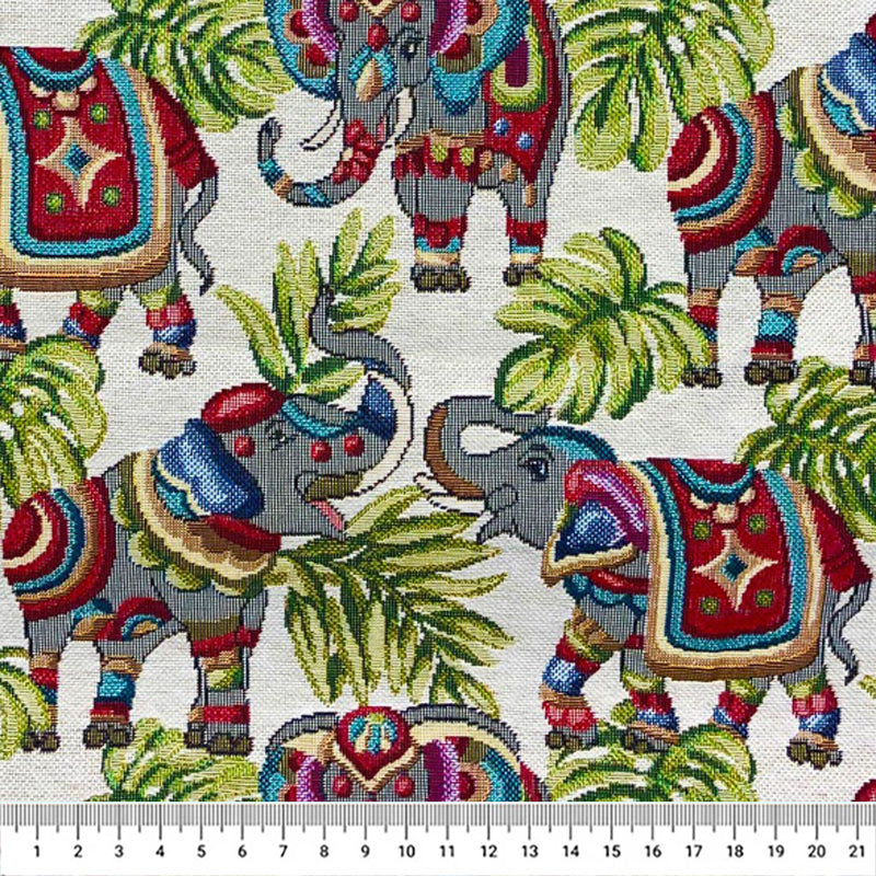 Indian elephants printed on a tapestry upholstery fabric with a cm ruler