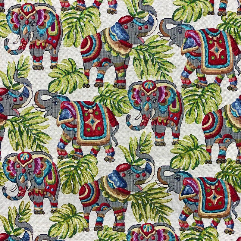 Indian elephants printed on a tapestry upholstery fabric