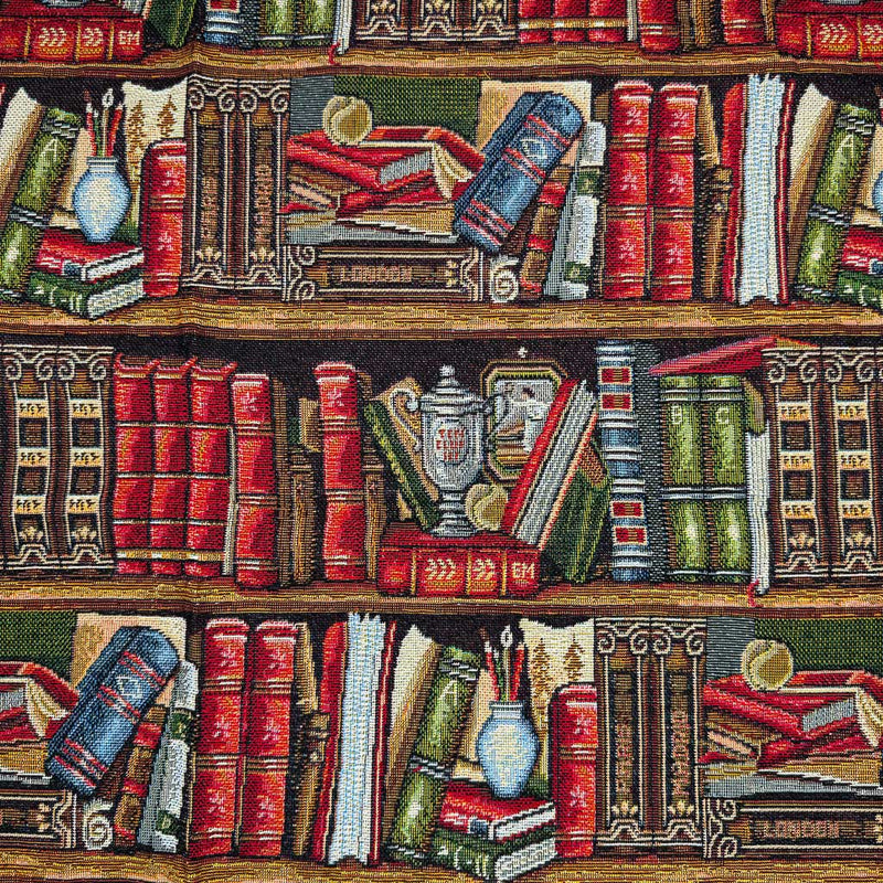 A library of books is printed on a tapestry fabric