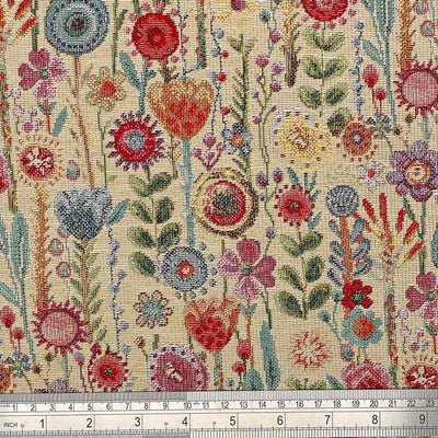 Flowers printed on a tapestry upholstery fabric with a cm ruler