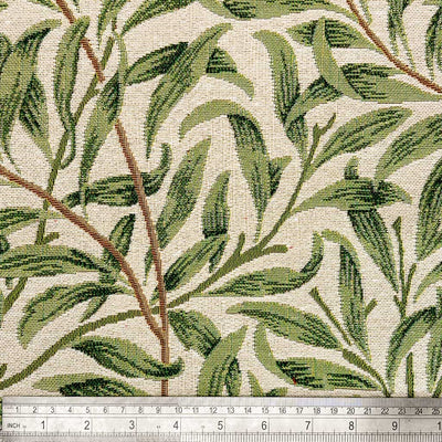 Sage willow bough printed on a tapestry upholstery fabric with a cm ruler