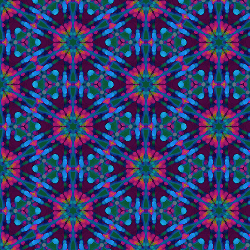 A geometric pattern with pinks and blues, printed on a cotton quilting fabric