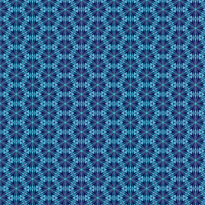 A geometric pattern in bright blues printed on a cotton quilting fabric