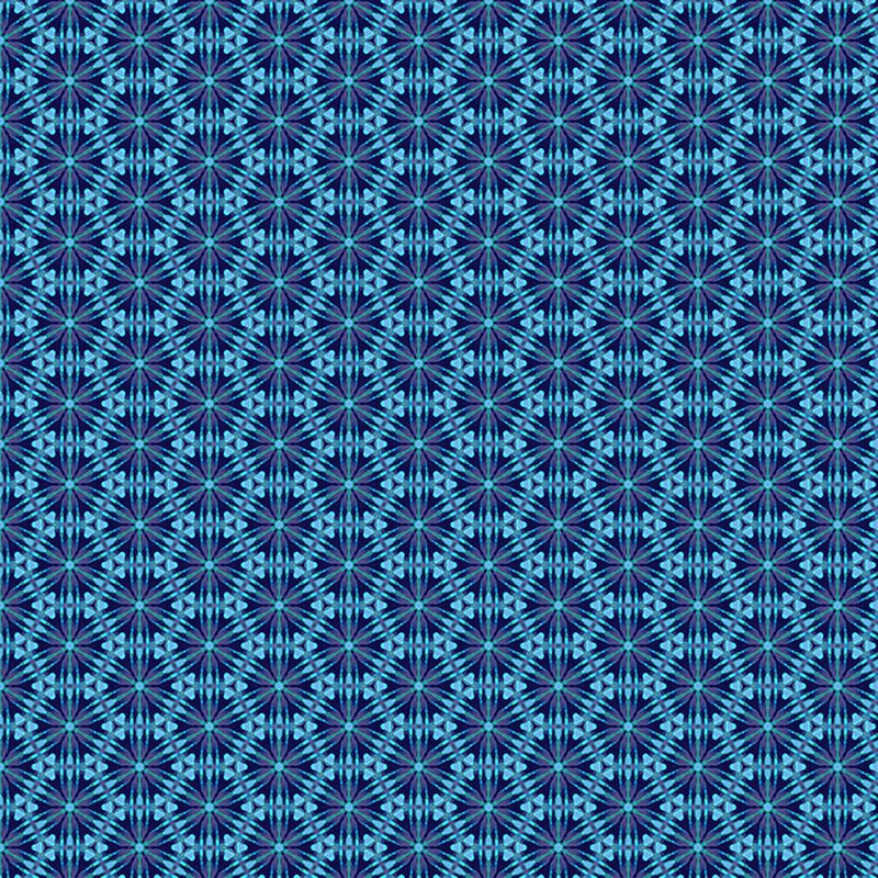 A geometric pattern in bright blues printed on a cotton quilting fabric