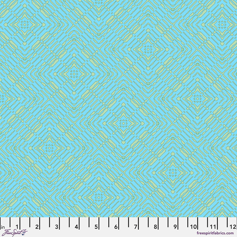 Geometric pattern quilting cotton with blue and green colours