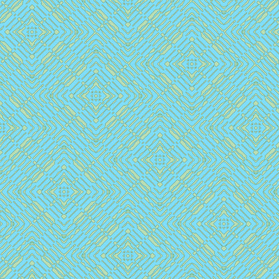 Geometric pattern with blue and green colorus on a blue quilting cotton fabric