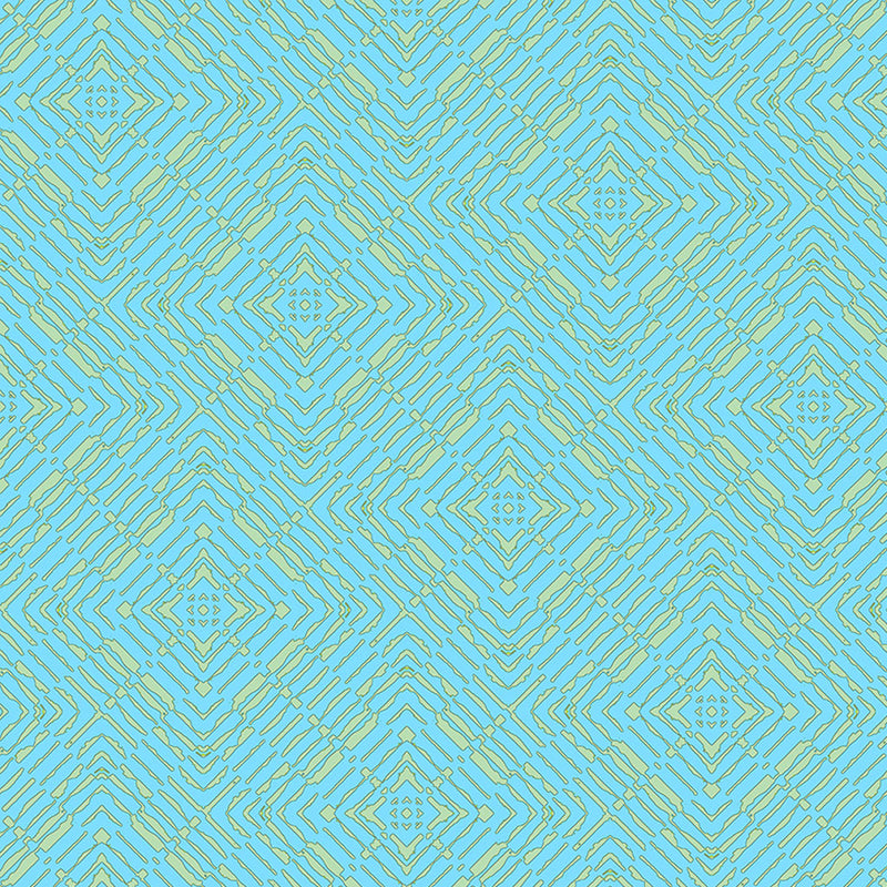 Geometric pattern with blue and green colorus on a blue quilting cotton fabric