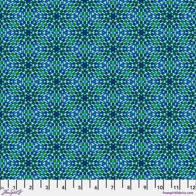 Geometric pattern fabric swatch with blue and green colors