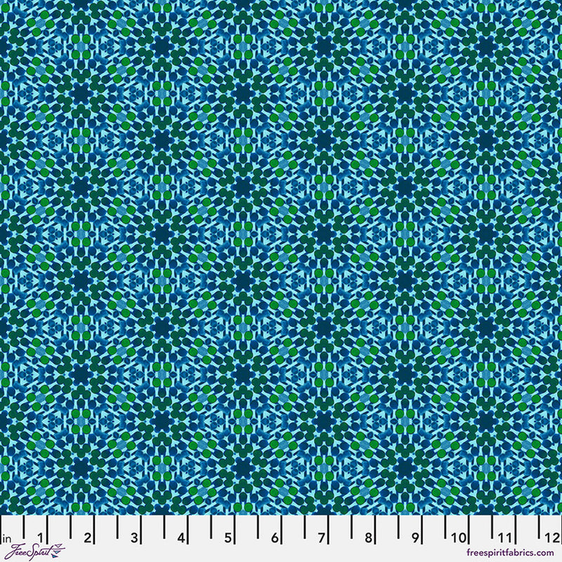 Geometric pattern fabric swatch with blue and green colors