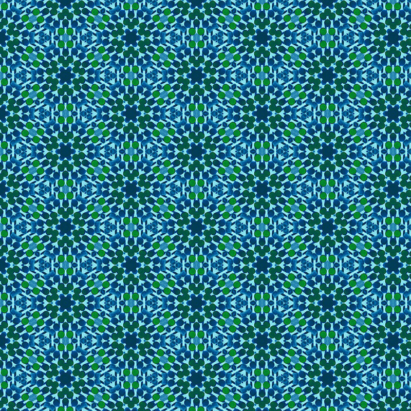 Patterned fabric with blue and green geometric design