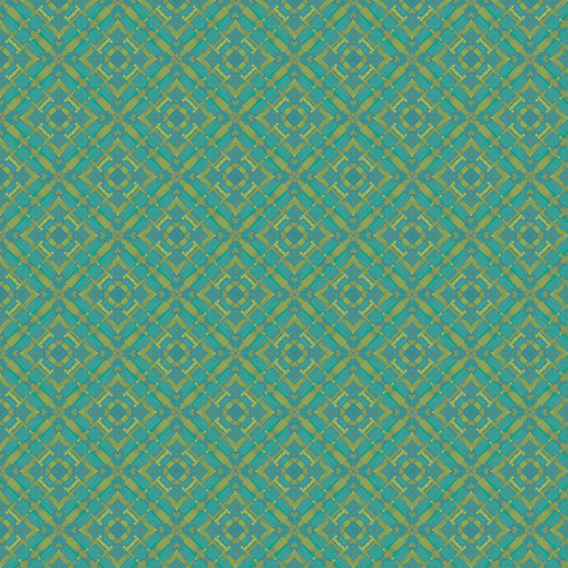 A geometric pattern of diamonds in an olive and turquoise colourway, printed on a cotton quilting fabric