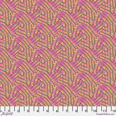 Colorful wavy pattern fabric swatch with a ruler at the bottom