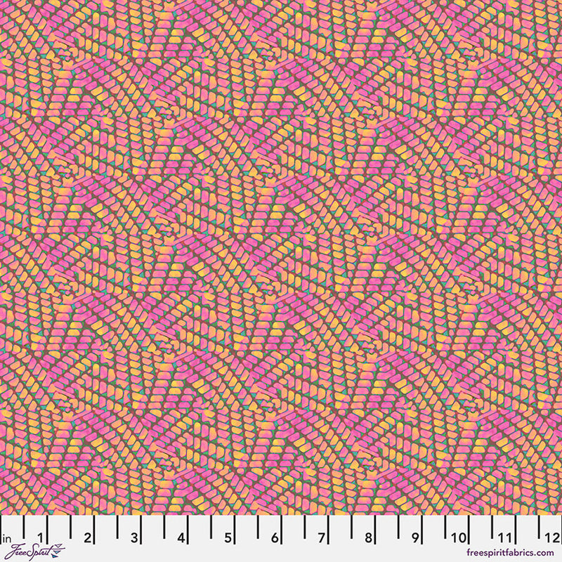 Colorful wavy pattern fabric swatch with a ruler at the bottom