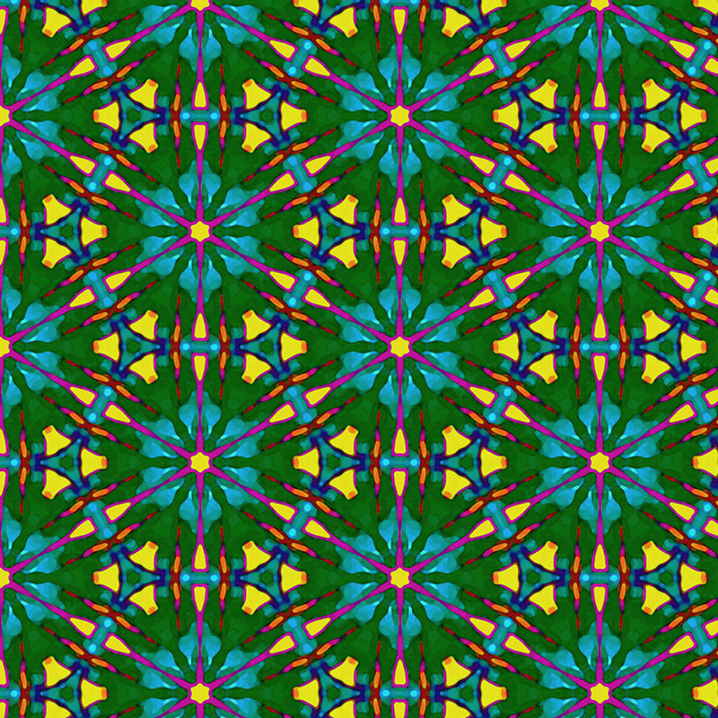 A brightly coloured geometric pattern printed on cotton quilting fabric