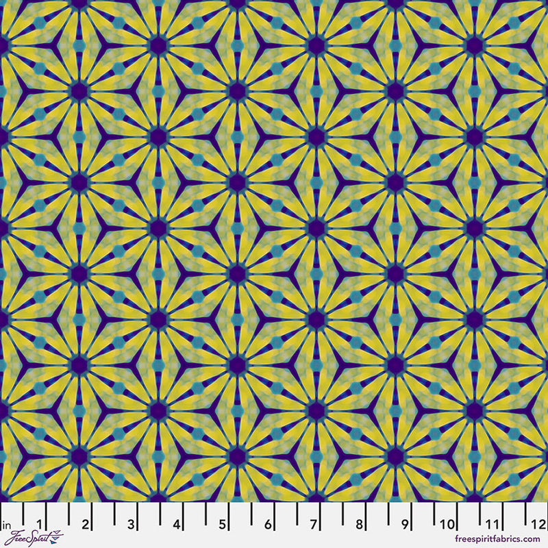 Geometric pattern with yellow and purple shapes on a cotton quilting fabric