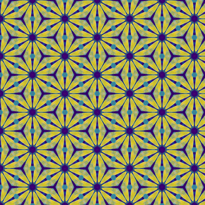 Pattern of geometric shapes with blue and yellow colours on a blue cotton quilting fabric