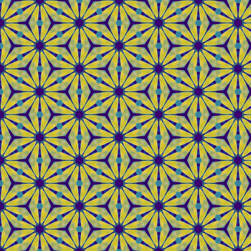 Pattern of geometric shapes with blue and yellow colours on a blue cotton quilting fabric