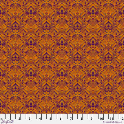 A geometric pattern of corners in a saffron yellow, printed on quilting cotton fabric with a cm ruler