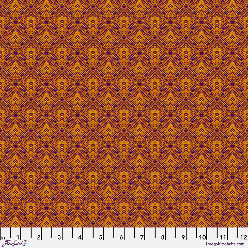 A geometric pattern of corners in a saffron yellow, printed on quilting cotton fabric with a cm ruler