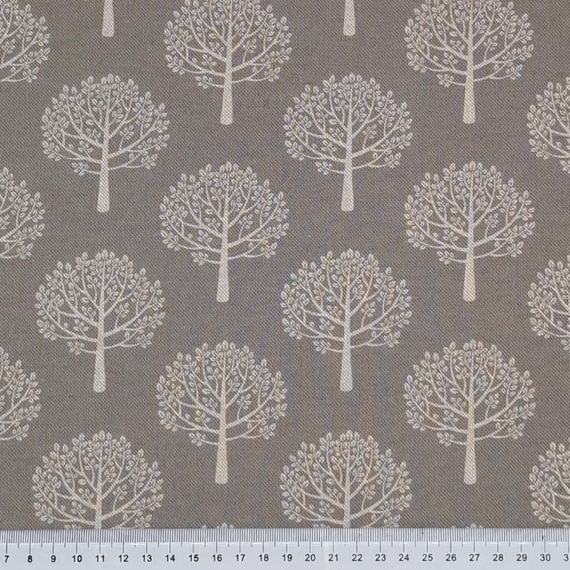 Mulberry trees are printed on a dove coloured panama fabric with a cm ruler