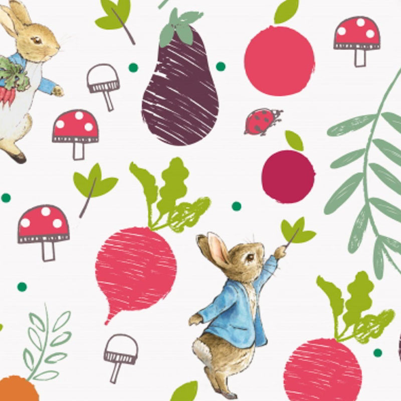 Peter Rabbit and radishes on a cotton fabric