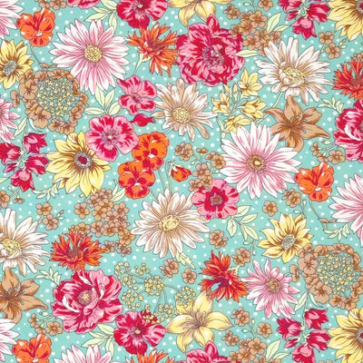 Pink and cerise flowers printed on a green cotton poplin fabric by Rose & Hubble