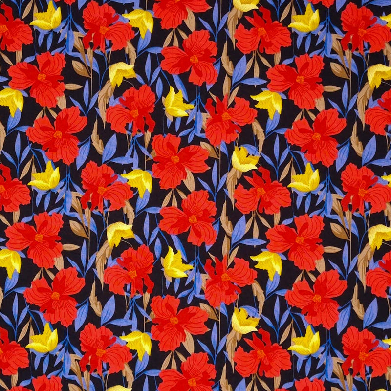 Floral fabric print by Rose & Hubble with red and gold flowers on a black cotton poplin