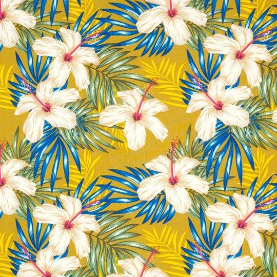 Tropical flowers printed on a gold cotton poplin fabric by Rose & Hubble